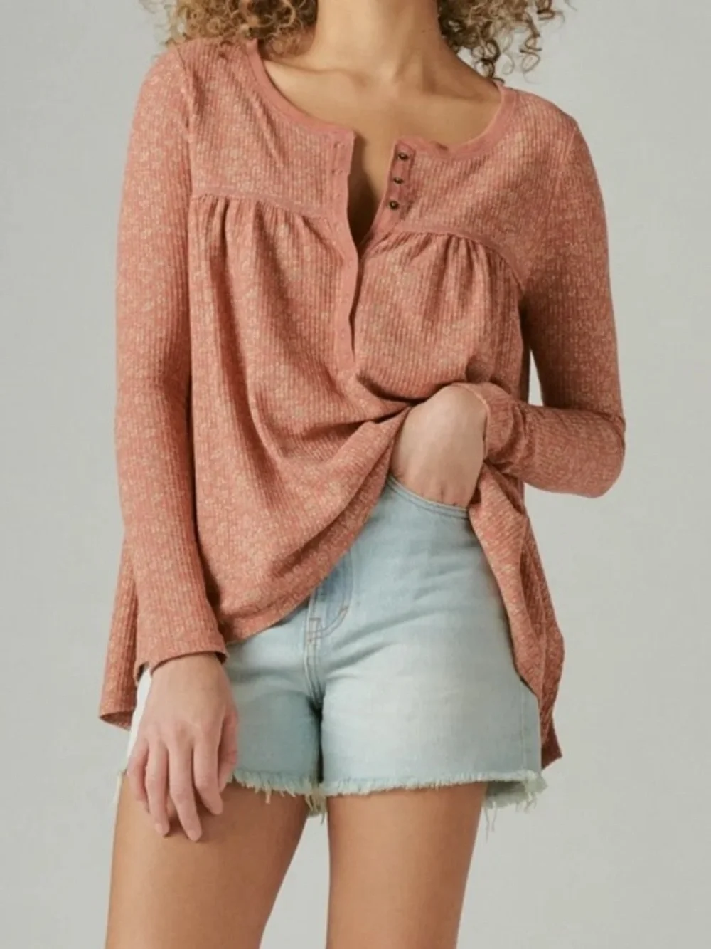 Lucky Brand Boho Babydoll Waffle Texture Henley Top - Picture 1 of 13